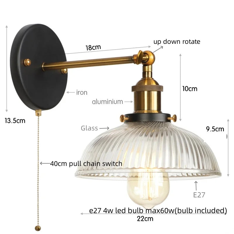 Glass Industrial LED Wall Sconce with Pull Chain Switch, Vintage Bedside Light