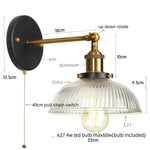 Glass Industrial LED Wall Sconce with Pull Chain Switch, Vintage Bedside Light