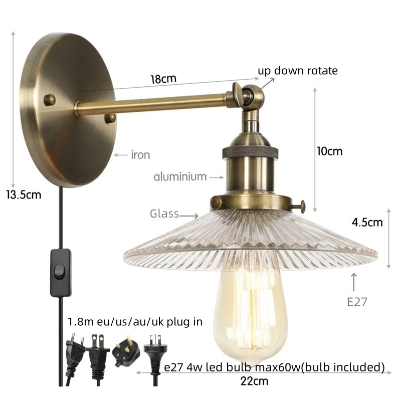 Afralia™ Industrial Loft LED Wall Light for Bedroom, Bathroom, Stairs - Plug In Iron Lamp