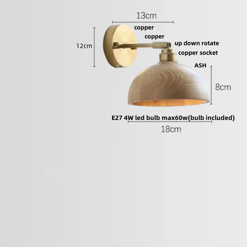 Walnut Wood LED Wall Sconce, Pull Chain Switch, Copper Socket, Bedroom Aisle Hallway
