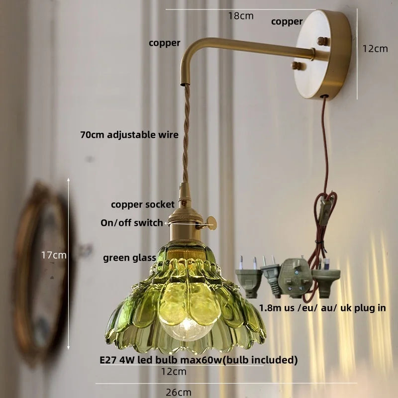 Amber Glass LED Wall Sconce, Brass Finish, Adjustable Wire, Modern Nordic Style