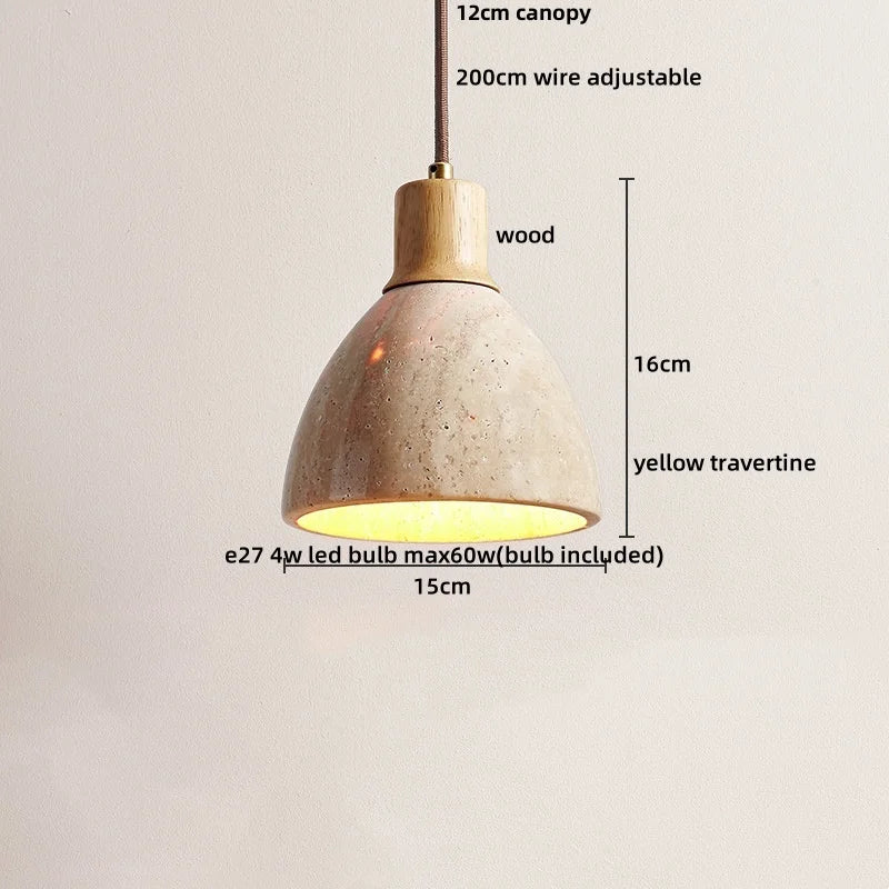 Yellow Travertine Wood Base LED Pendant Lights - Modern Adjustable Hanging Lamp