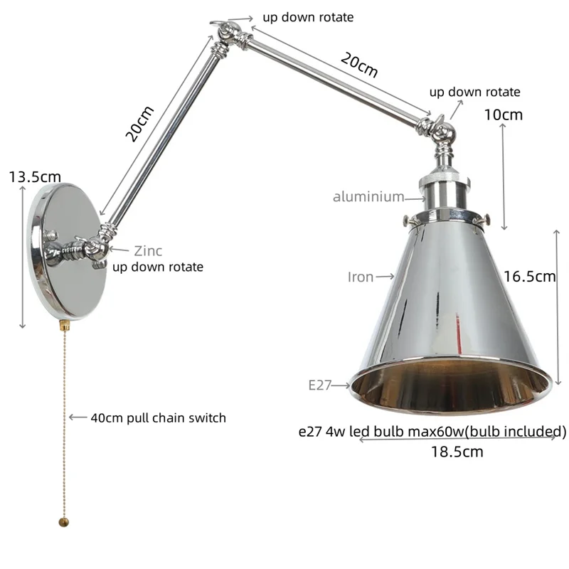 Silver Iron LED Swing Arm Wall Lights, Industrial Style, Plug-In, Stair & Bedside Lamp