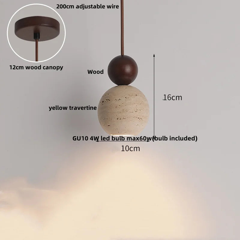 Yellow Travertine Wood LED Pendant Lamp - Nordic Modern Living Dining Room Light