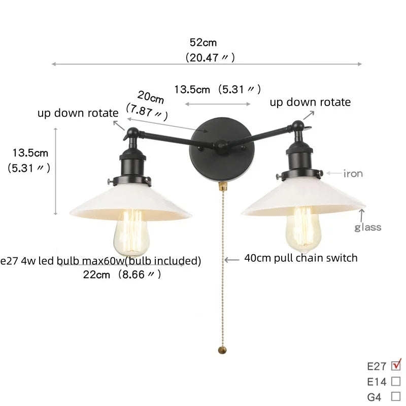 Industrial LED Wall Light Fixture with Pull Chain Switch, 2 Heads Bedside Lamp