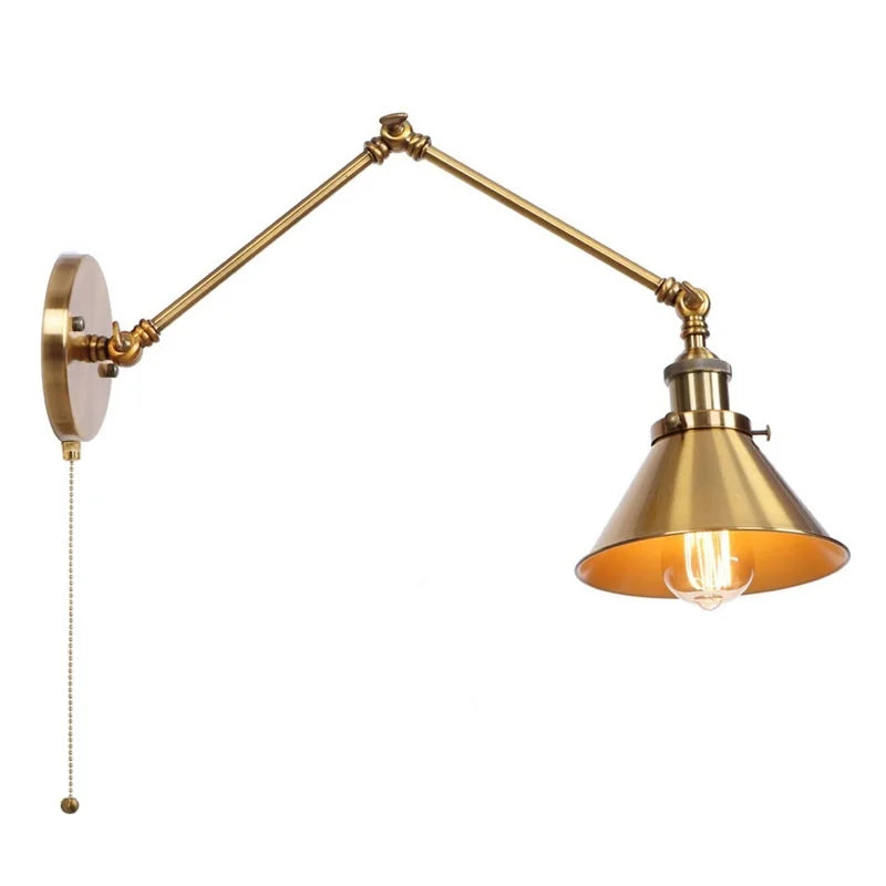Gold Long Arm LED Wall Sconce with Pull Chain Switch, Adjustable Industrial Bedside Lamp