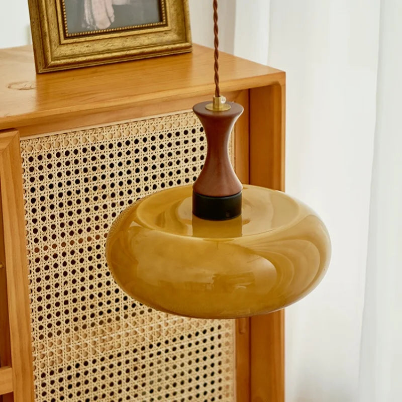 Vintage Amber LED Pendant Light Fixture Wood Glass Loft Adjustable Hang Lamp