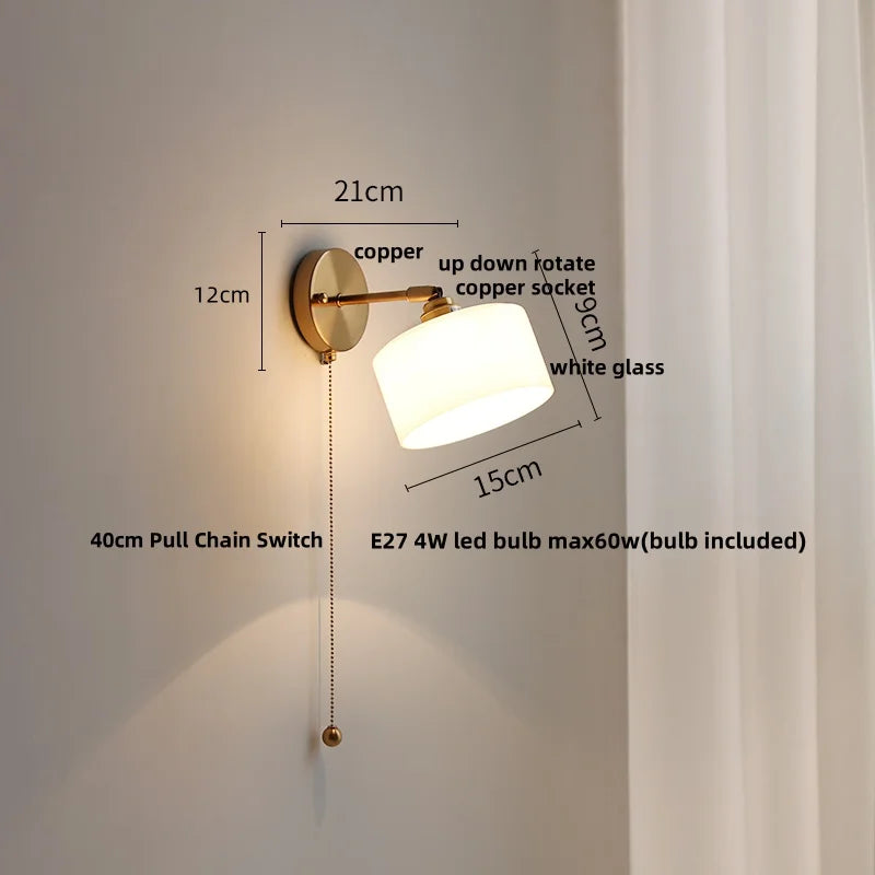 White Glass LED Wall Light with Pull Chain Switch, Japanese Style Hallway Lamp