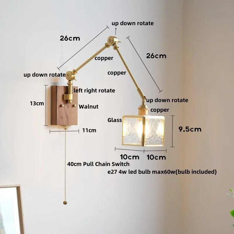 Wood Cube Glass LED Wall Lights with Pull Chain Switch for Modern Interiors