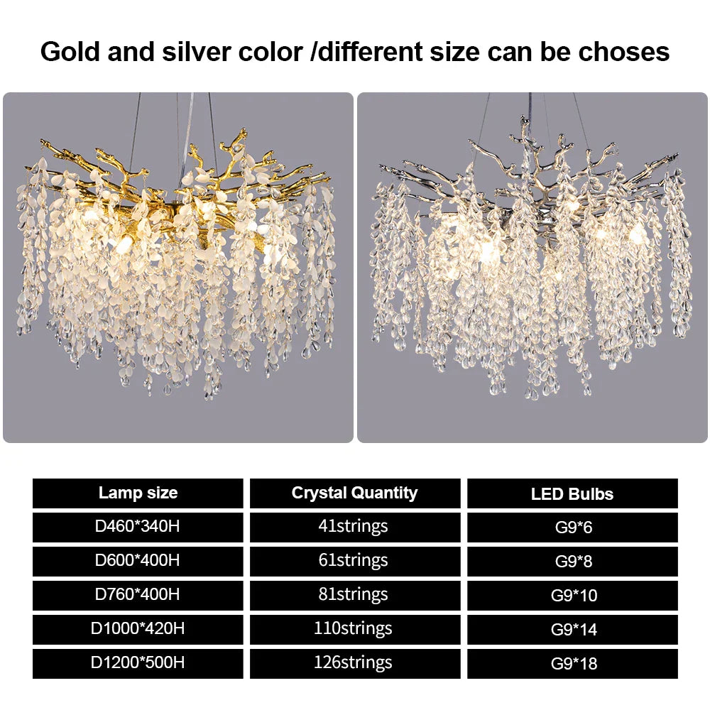 Grape Crystal Chandelier Silver Gold LED Tree Branch Luxury Lighting