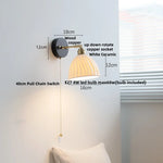 White Ceramic Wood LED Wall Light Fixture Pull Chain Switch Bedside Lamp