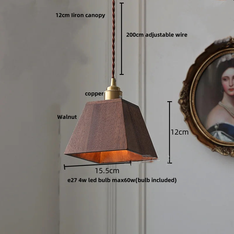 Walnut Wood LED Pendant Light Clear Glass Adjustable Loft Retro