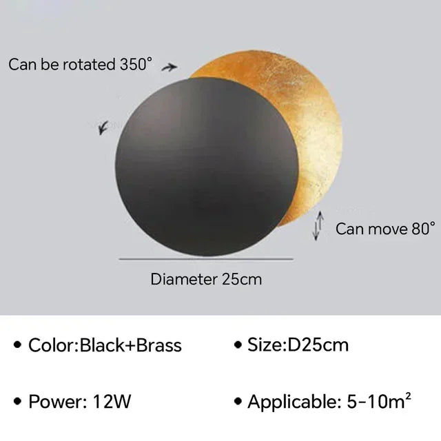Rotatable Solar Eclipse LED Wall Lights in Black Gold Texture