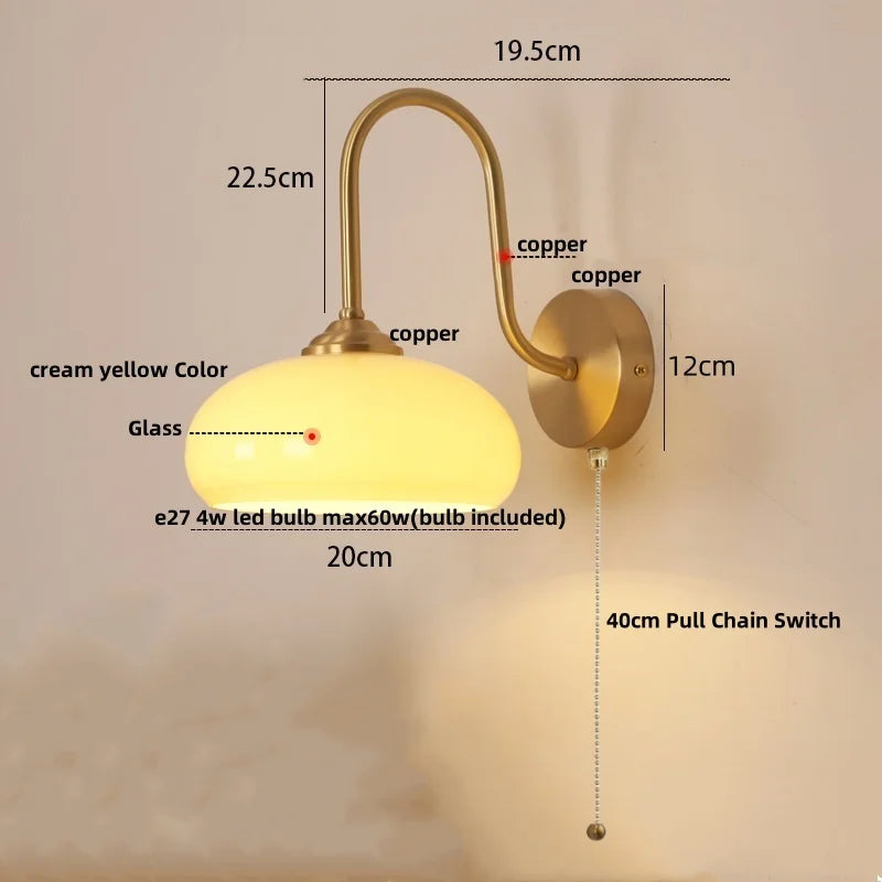 Glass LED Wall Sconce Pull Chain Switch Copper Nordic Stair Light