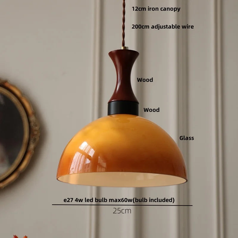 Vintage Amber LED Pendant Light Fixture Wood Glass Loft Adjustable Hang Lamp