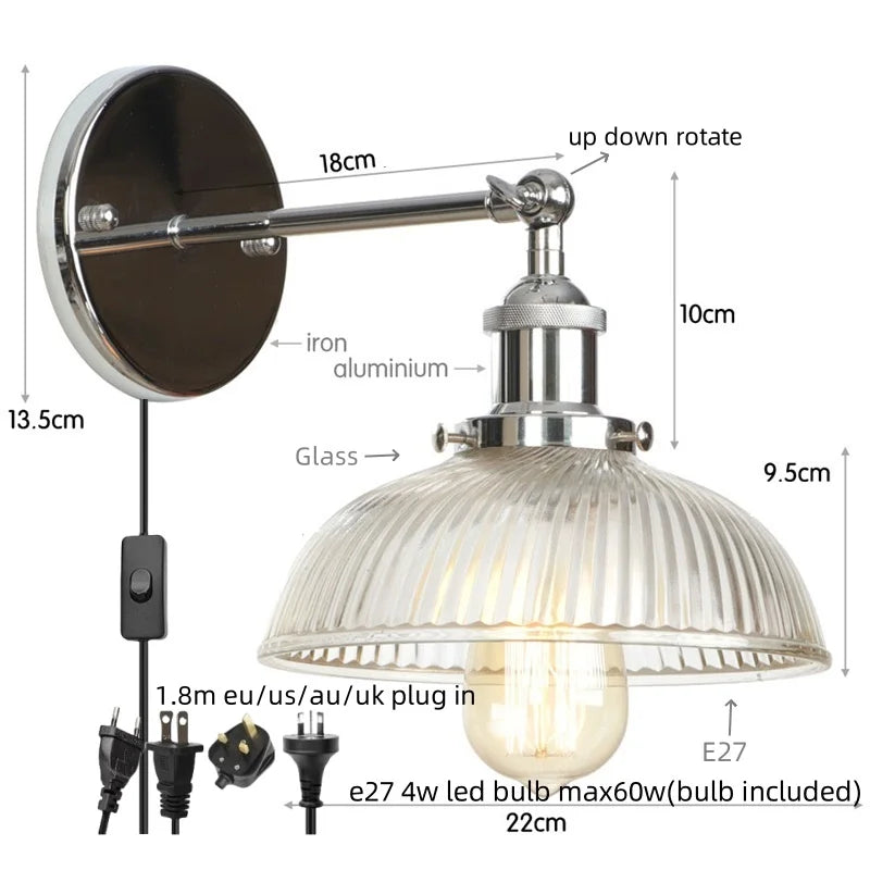 Silver Rural LED Wall Sconce Clear Glass Industrial Art Loft Stair Light