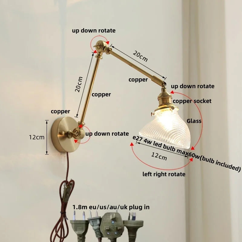 Afralia™ Brass Swing Arm LED Wall Light Fixture with Rotatable Arms & Pull Chain Switch