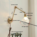 Modern Brass Glass Wall Light with Swing Arms & Pull Chain Switch