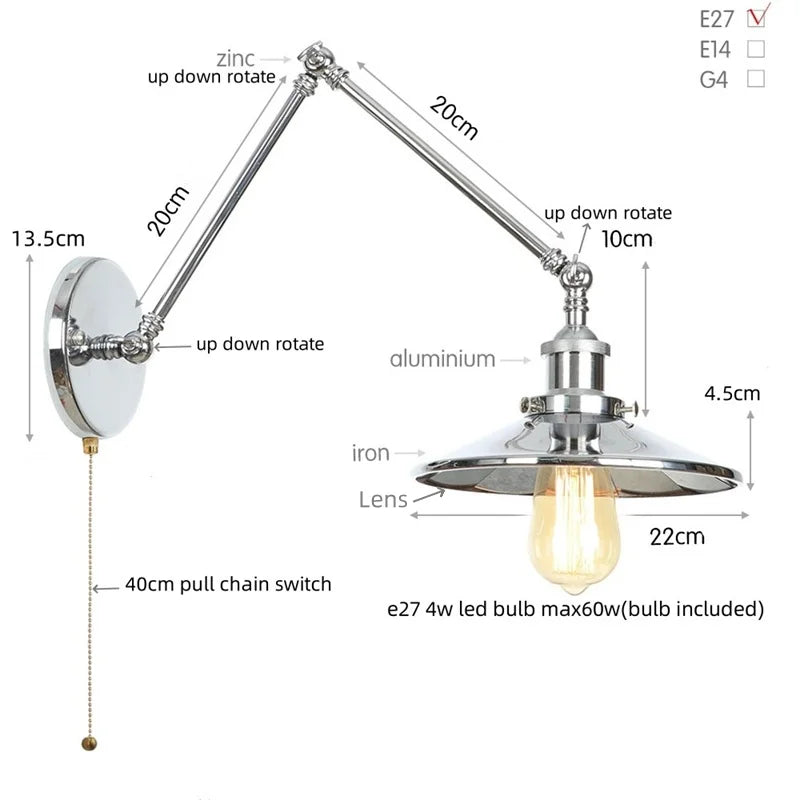 Vintage Industrial Long Arm Adjustable LED Wall Sconce Pull Chain Switch Bedside Lamp
