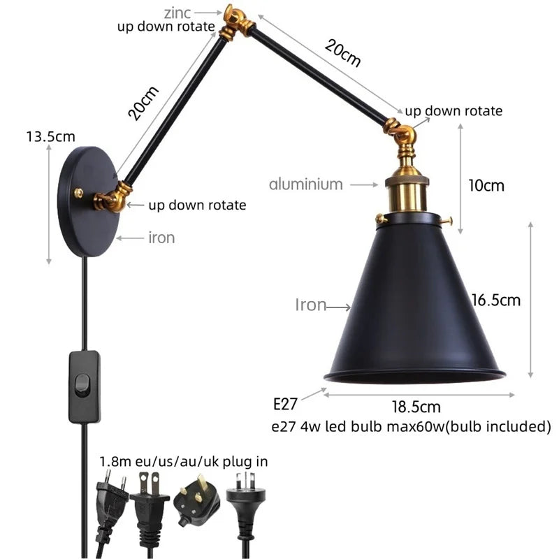 Vintage Iron Gold LED Wall Lamp with Long Arm and Pull Chain Switch