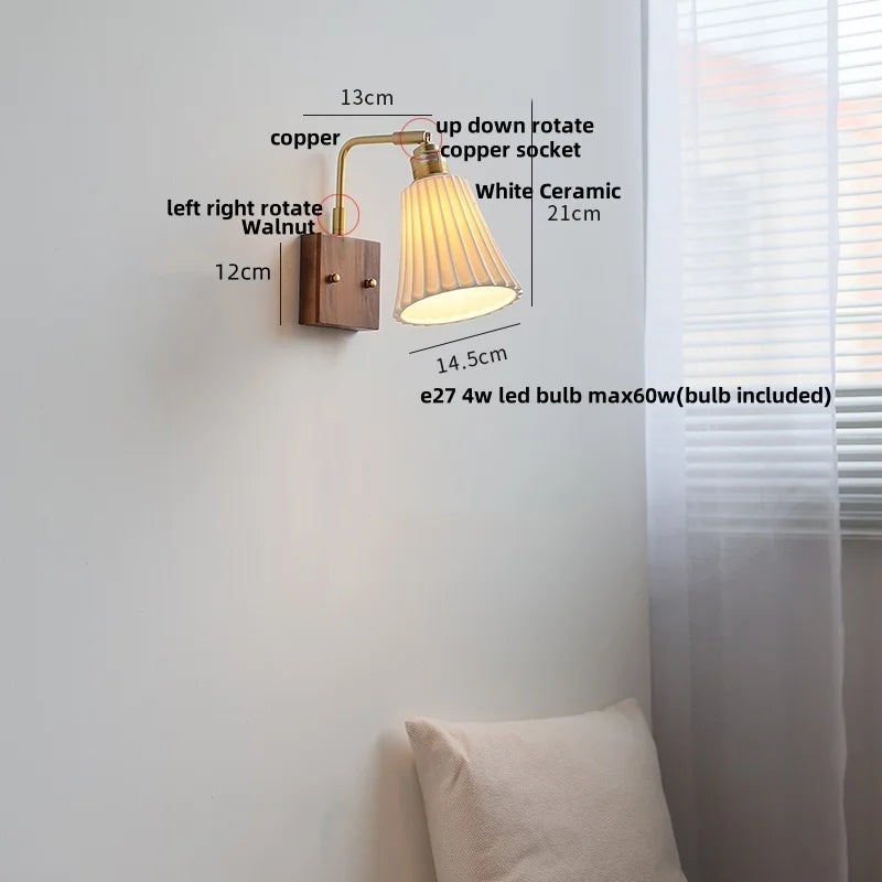 Nordic LED Wall Lights Pull Chain Switch Bedside Lamp Walnut Ash Glass Copper
