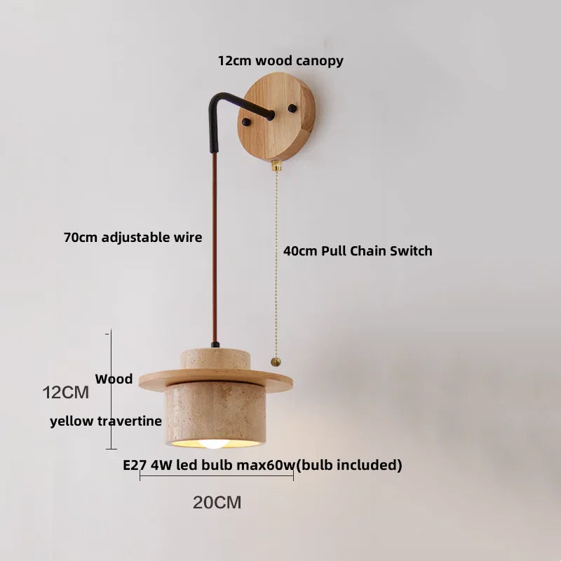 Yellow Travertine LED Wall Lamp with Pull Chain Switch, Nordic Modern Design