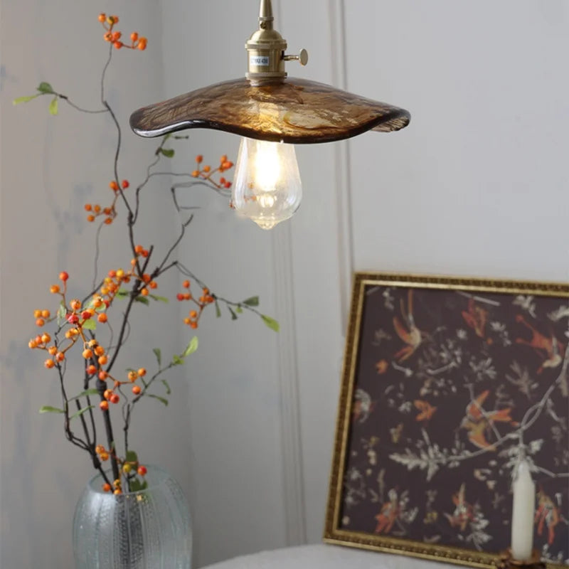 Brass Knob Switch LED Pendant Light, Nordic Amber Glass Hanging Lamp