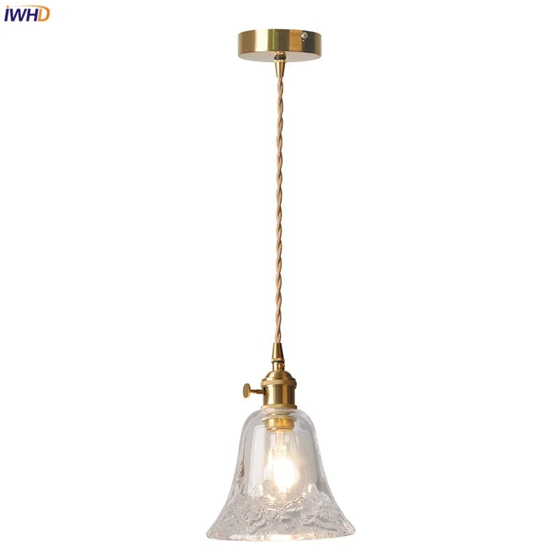 Flower Glass LED Pendant Lamp Brass Knob Switch Adjustable Wire Dining Room Lighting
