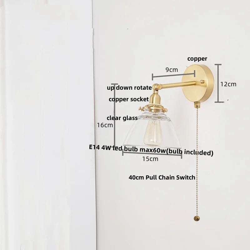 Clear Glass LED Wall Lights Pull Chain Switch Modern Bedside Lamp