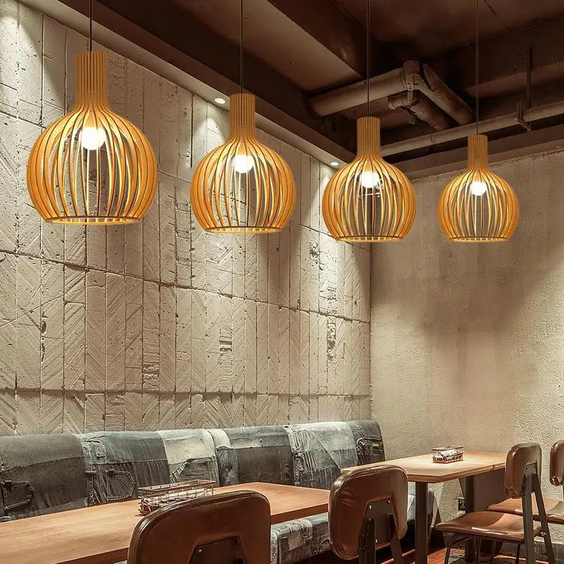 Wooden Bird Cage Pendant Lamp - Nordic Ceiling Hanging Light for Dining Room