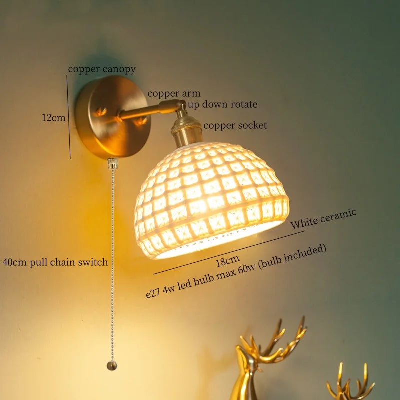 Afralia™ Brass Ceramic LED Wall Light | Nordic Modern Bedside Lamp for Bedroom, Bathroom, and Sofa