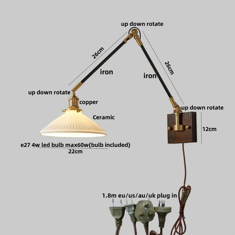 Rotatable Wood Ceramic LED Wall Sconce for Bedroom Study and Bar