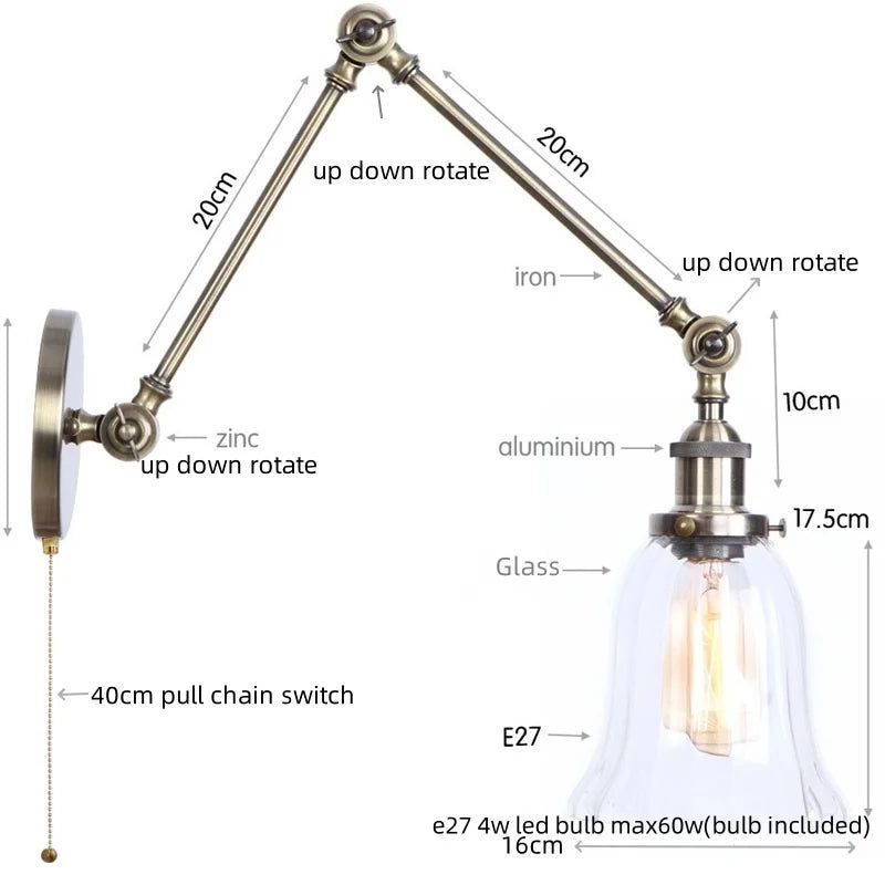 LED Glass Swing Arm Wall Lamps for Bedroom, Bathroom, and Stairway