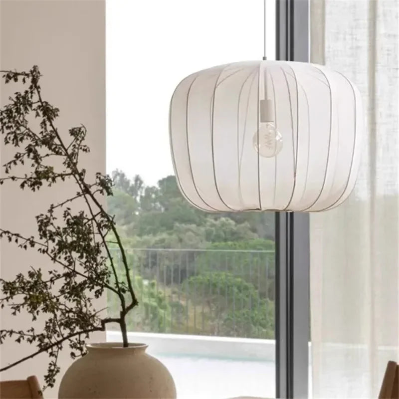 Plumeria Lantern Pendant Light: Minimalist French Country Fabric Lamp for Dining Staircase & Kitchen Island.