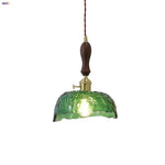 Green Glass Walnut Wood LED Pendant Light, Nordic Modern Hanging Lamp