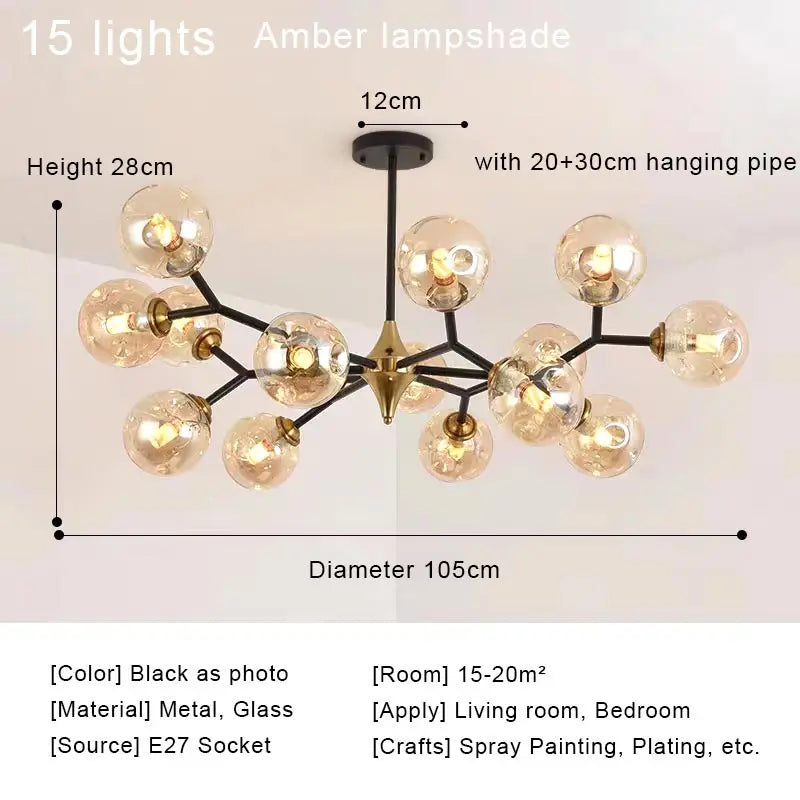 Nordic Glass Ball LED Chandelier Modern Ceiling Lamp Home Decor Fixture