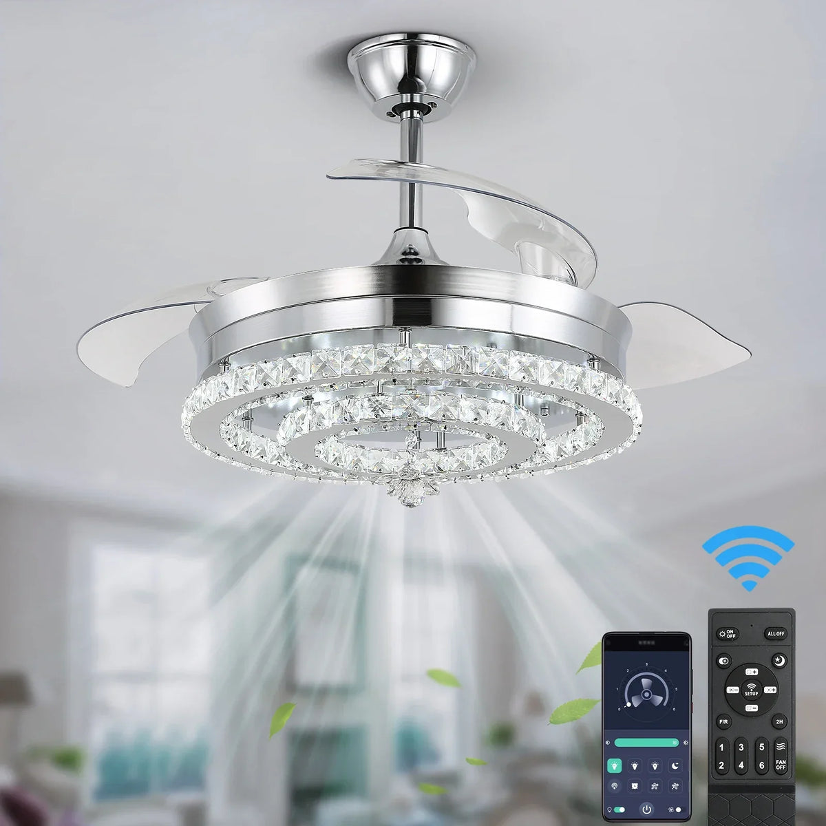 Modern Crystal Chandelier Fan with Retractable Blades and Dimmable LED Light