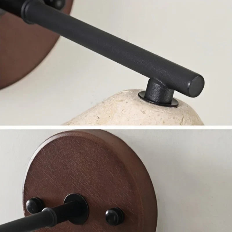 LED Yellow Travertine Wall Light with Wood Pull Chain Switch and Iron Frame