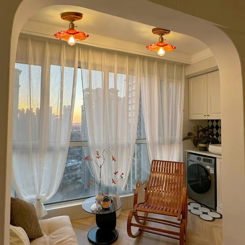 Green Glass LED Ceiling Lamp Nordic Wood Copper Ceiling Lights