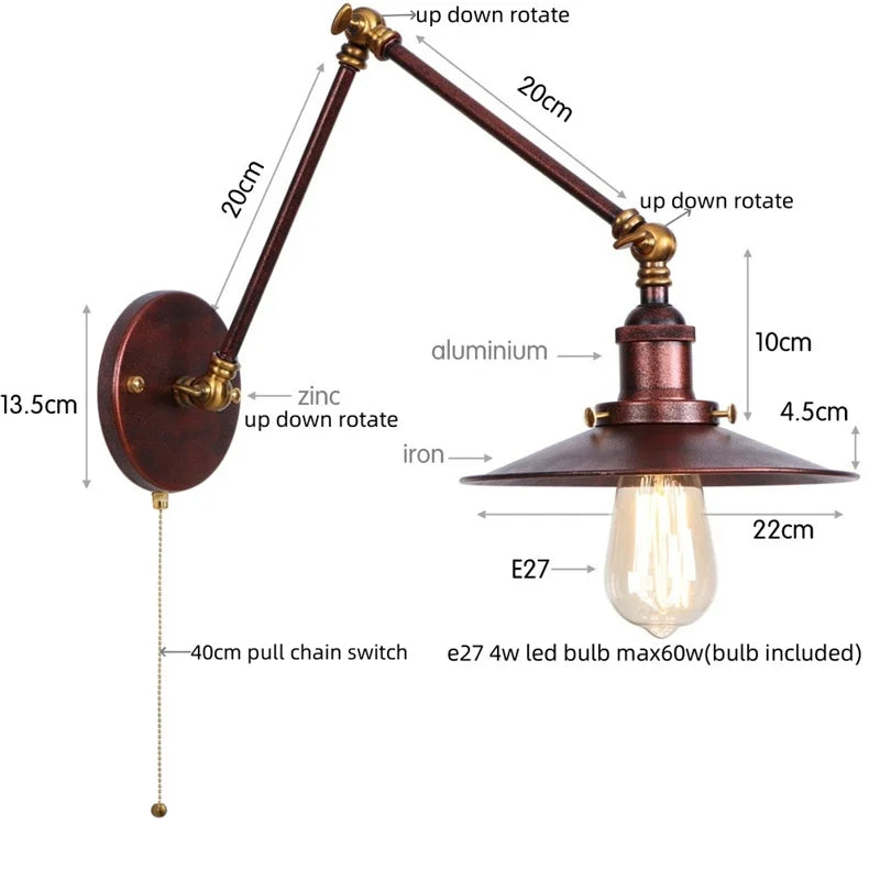 Black Iron LED Wall Light Fixture Industrial Vintage Adjustable Long Arm