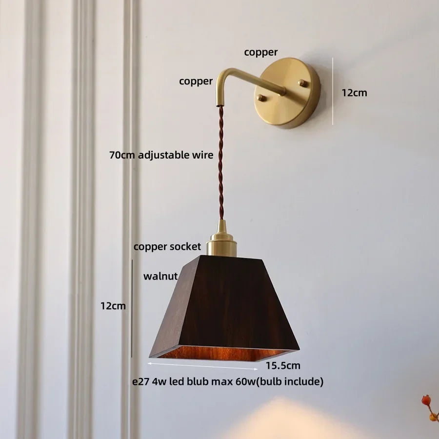 Wood LED Wall Lamp with Copper Socket & Pull Chain Switch - Adjustable Staircase Light