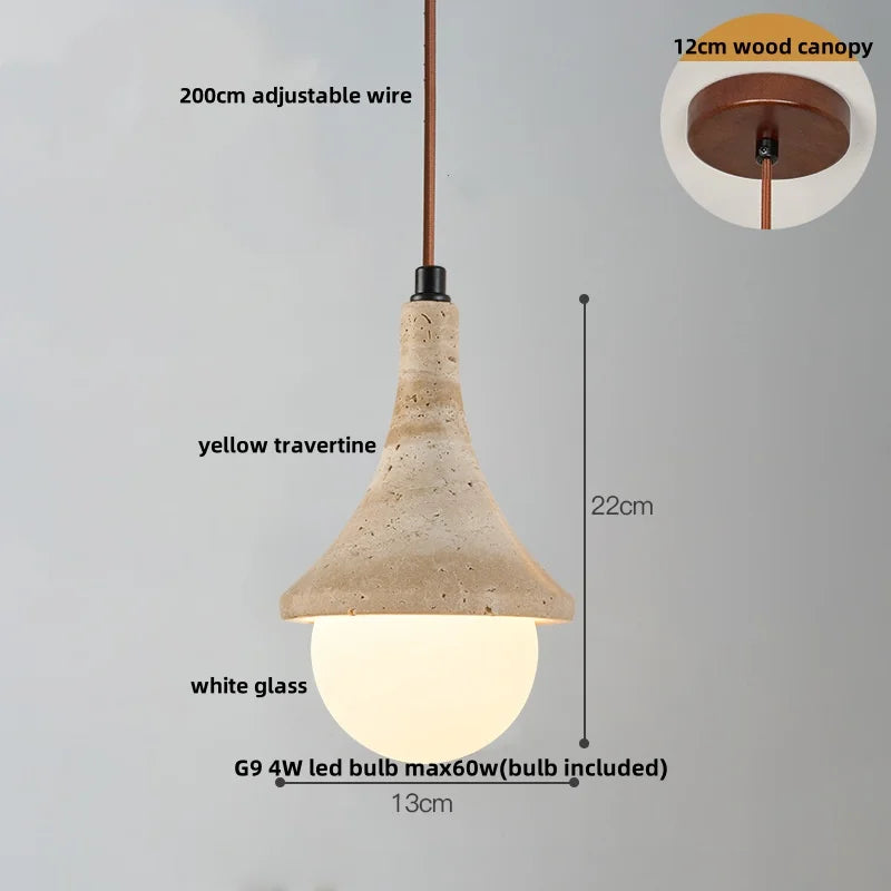 Yellow Travertine Wood Canopy Pendant Lights - Japanese Style Adjustable Globe LED Hang Lamp