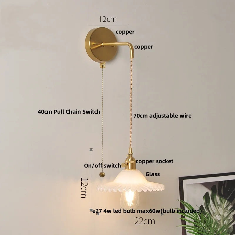 Glass Wall Lamp with Pull Chain Switch and Adjustable LED Light