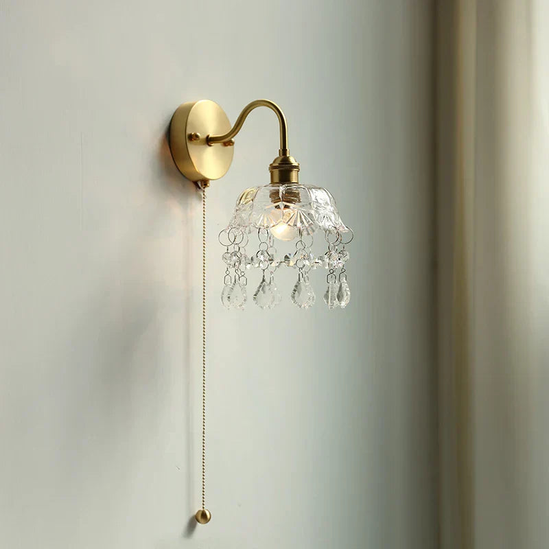 Nordic LED Wall Light with Pull Chain Switch, Crystal Glass Bedside Lamp