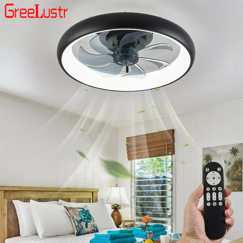 Modern Black LED Ceiling Fan Remote Chandelier with 6 Speeds & Timer