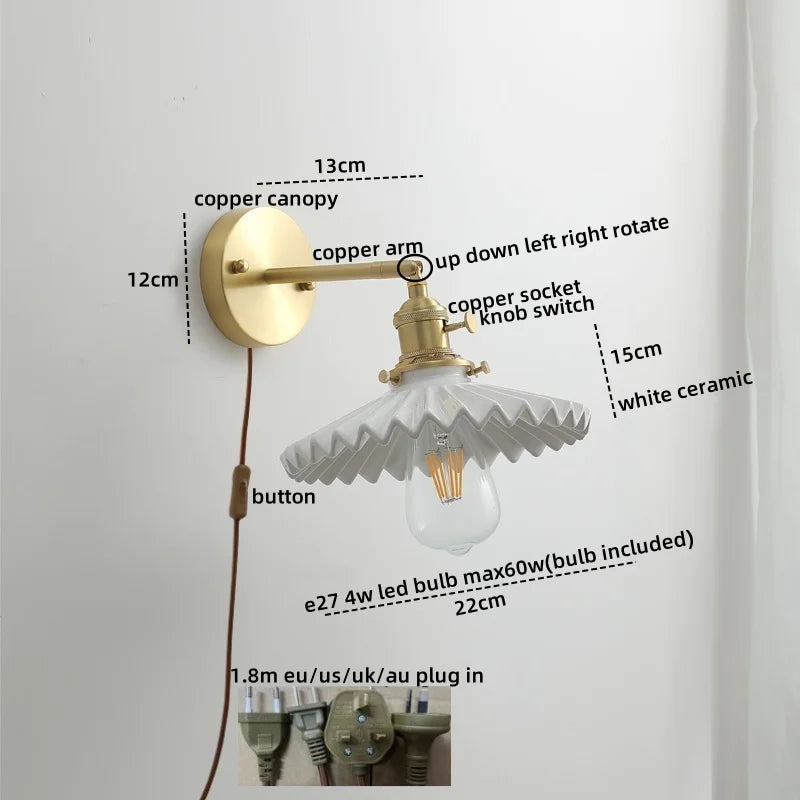 Copper Glass LED Wall Sconce Pull Chain Switch Modern Stair Light Fixtures