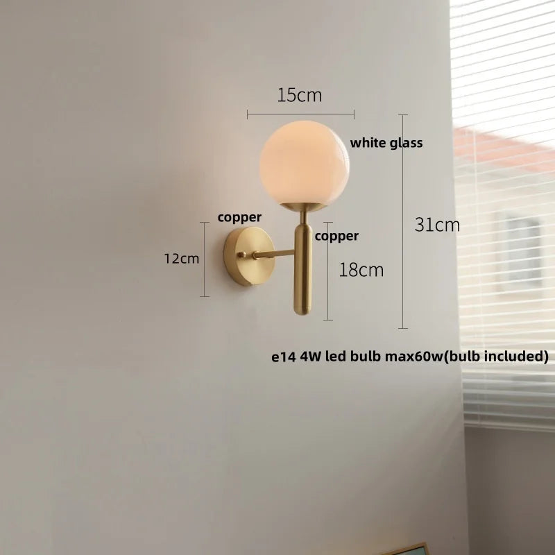 White Glass LED Wall Sconce with Pull Chain Switch, Modern Copper Base Mirror Light