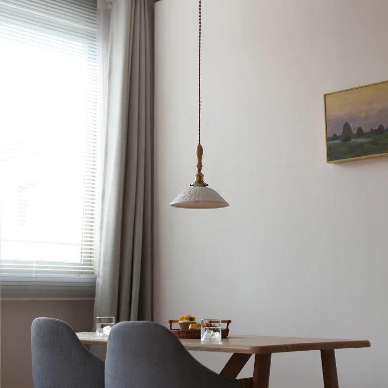 Adjustable LED Pendant Lights Ash Wood White Ceramic Modern Hanging Lamp