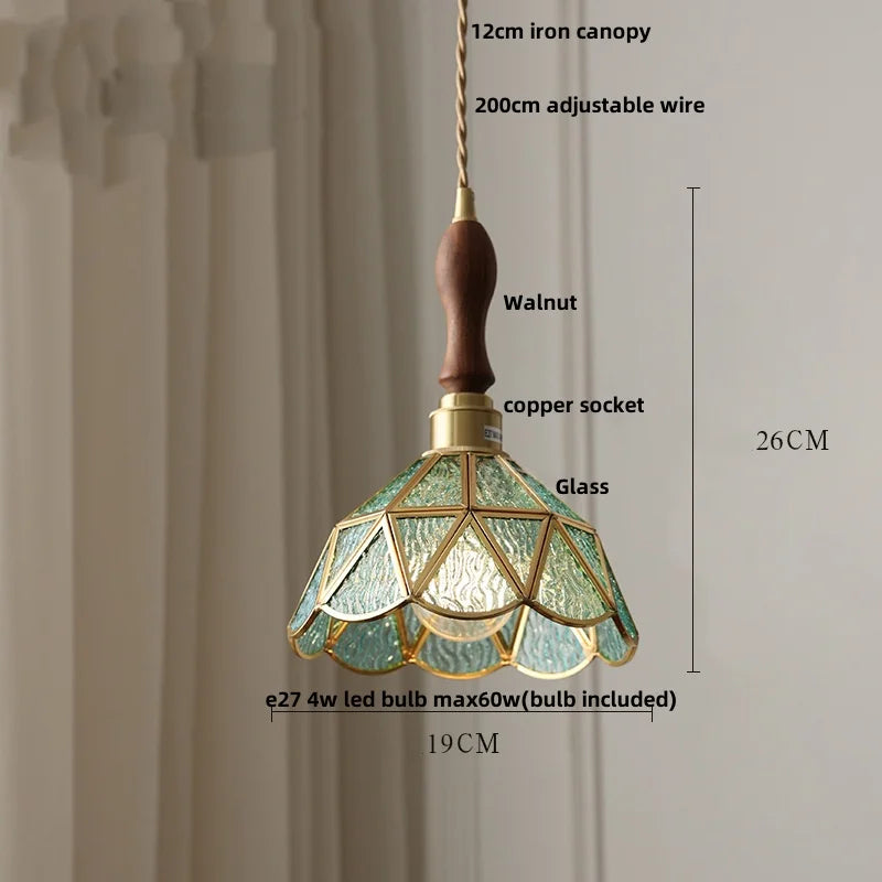 Walnut Wood LED Pendant Lamp with Cyan Glass Shade