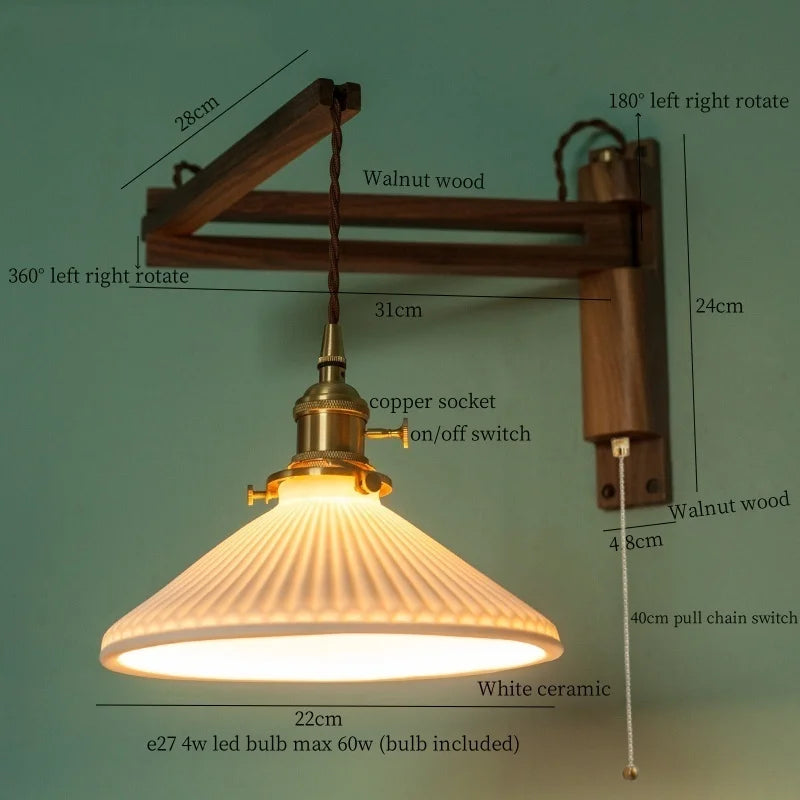 Walnut Wood LED Wall Lamp Copper Ceramic Minimalistic Loft Light